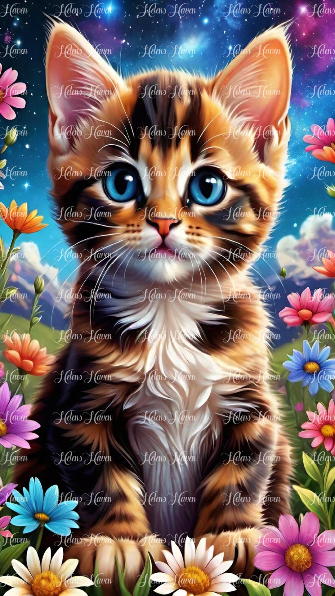 Tabby kitten in flowers with starry night sky