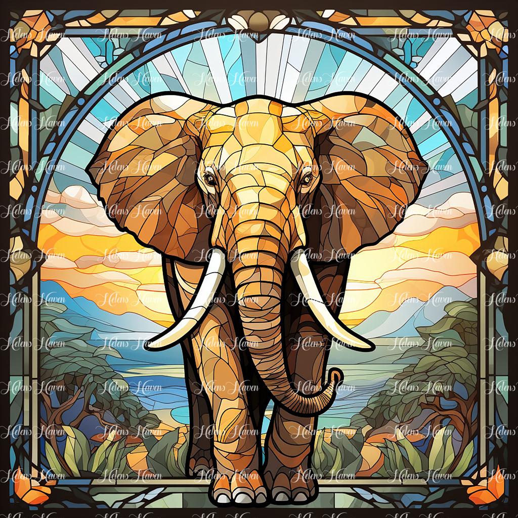 A stained glass elephant stands majestic, its form captured in a mosaic of earthy tones and gentle grays