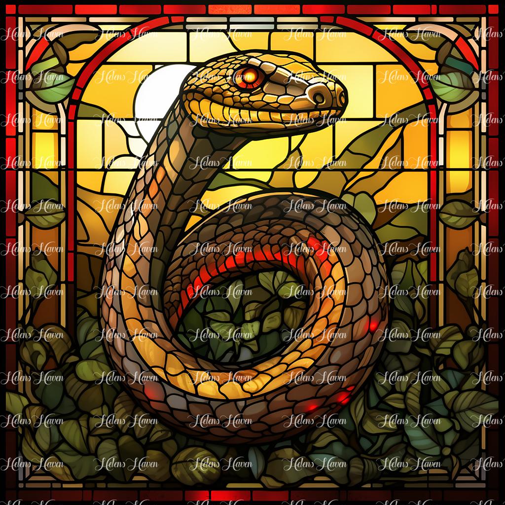 A stained glass red and gold snake coils sinuously, its vibrant scarlet scales shimmering in the light