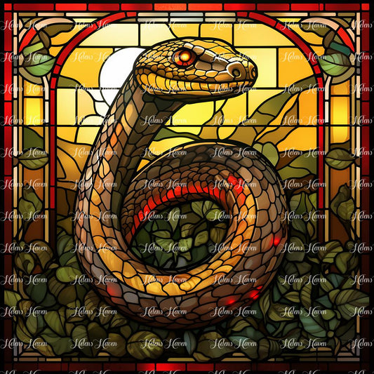 A stained glass red and gold snake coils sinuously, its vibrant scarlet scales shimmering in the light