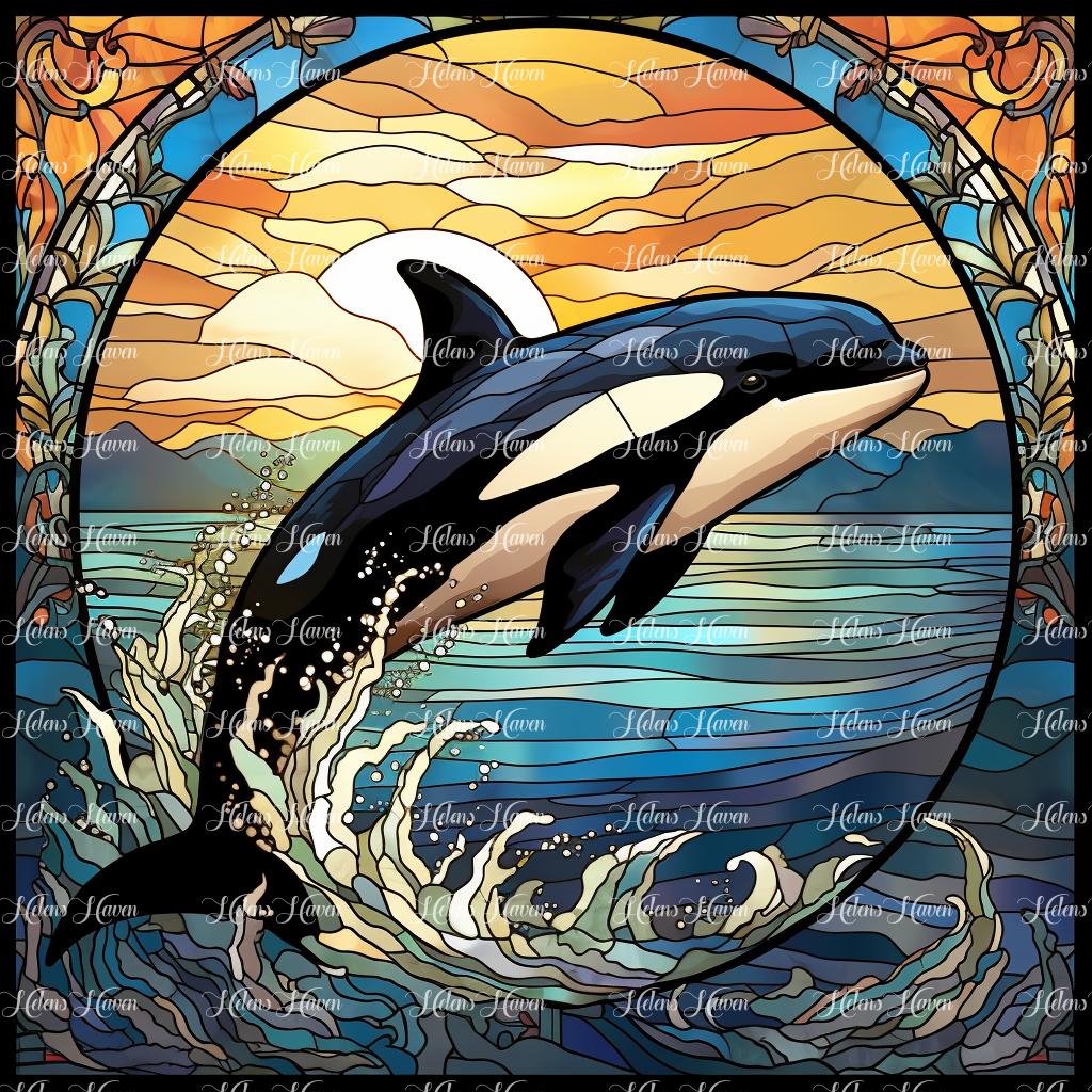 In the radiant glow of sunlight, a stained glass orca comes to life with vibrant hues and intricate patterns