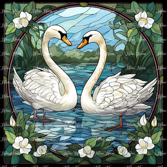 In a stained glass masterpiece, two white swans glide gracefully across a tranquil pond,