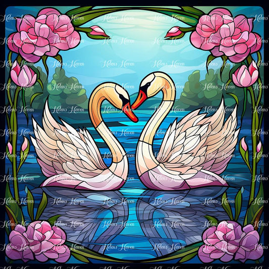 Gliding gracefully across the tranquil lake, a pair of white swans move in perfect harmony