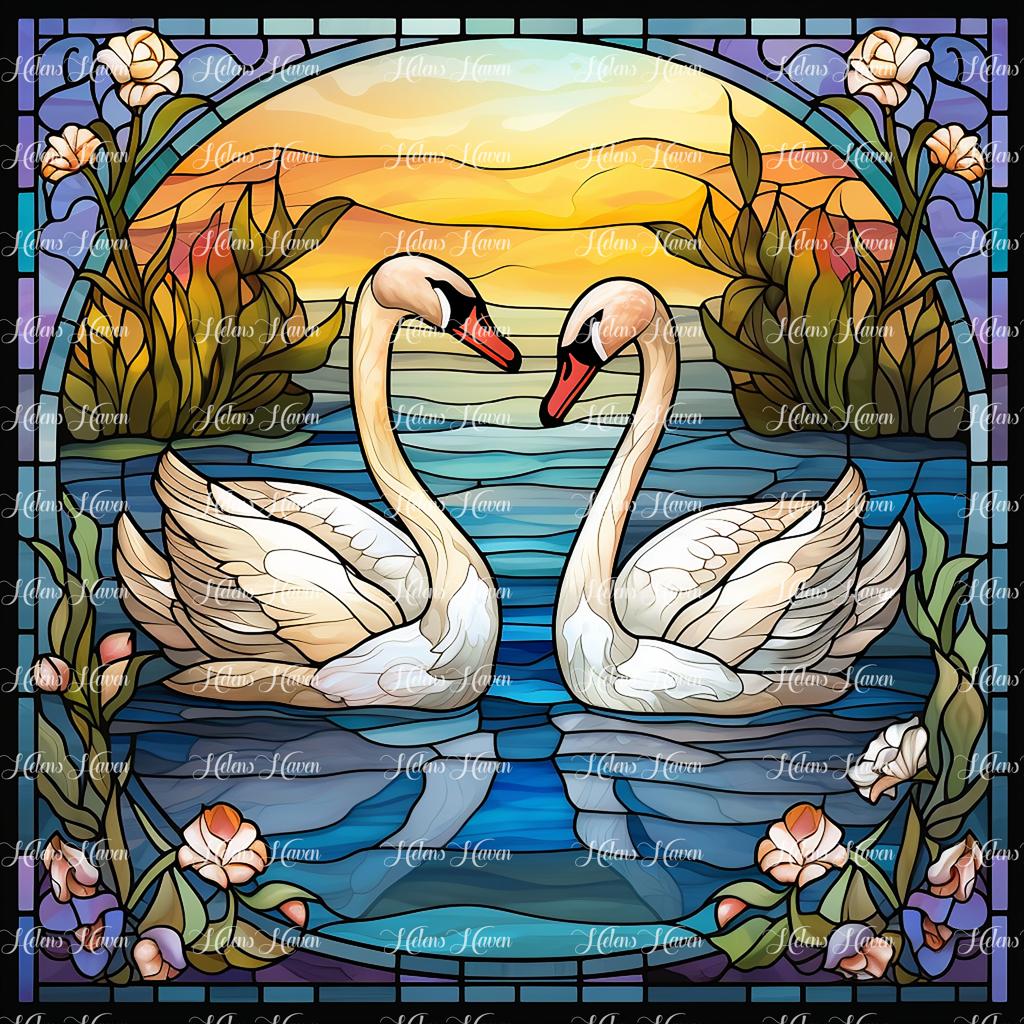 In a stunning stained glass tableau, two swan partners glide gracefully across a serene pond,