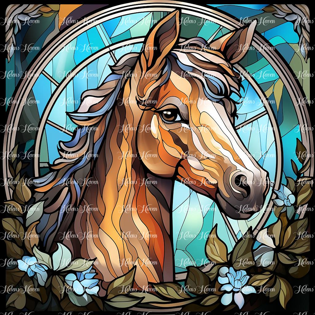 In a captivating stained glass portrayal, a majestic brown horse stands proudly