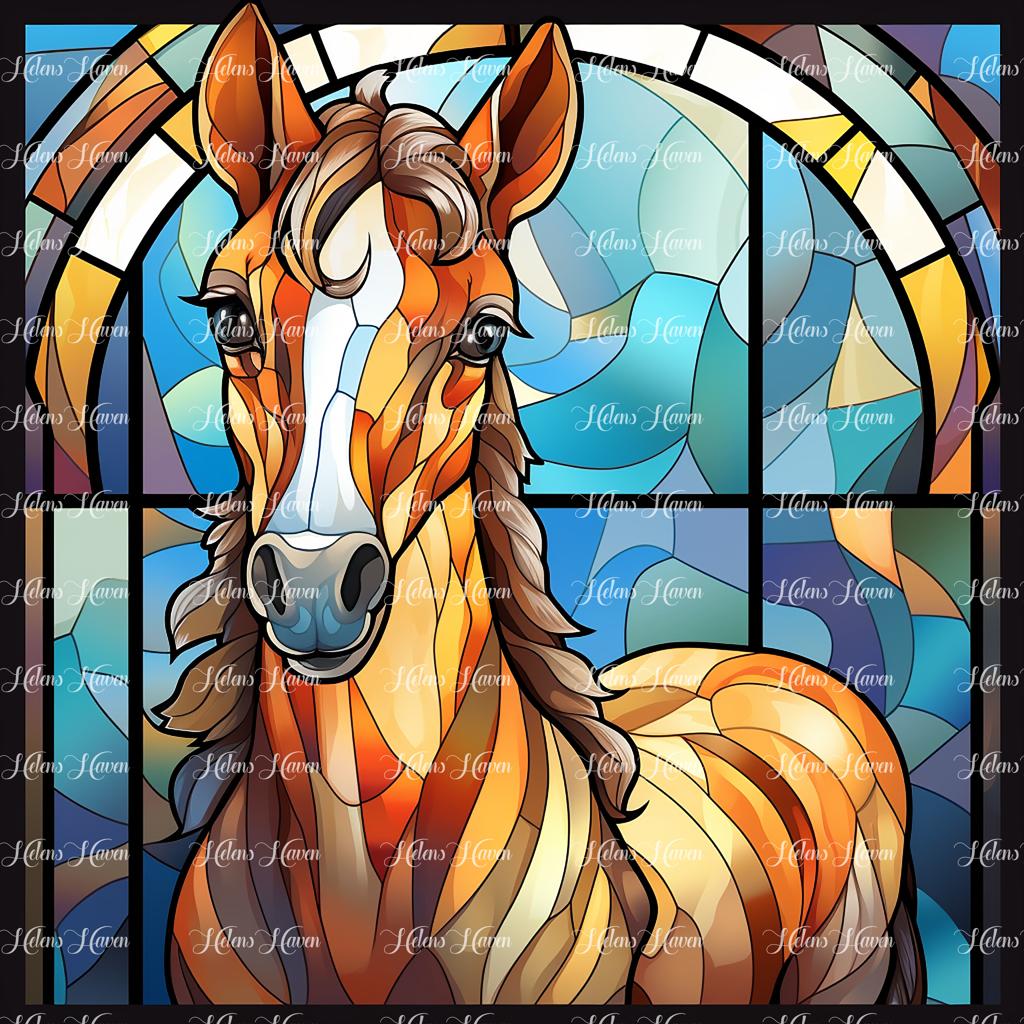 In a striking stained glass depiction, a bay horse stands tall and proud