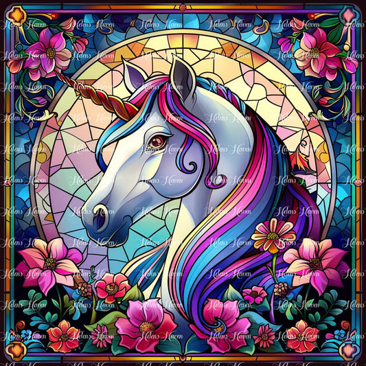 In a mesmerizing stained glass tableau, a majestic unicorn stands tall and proud,