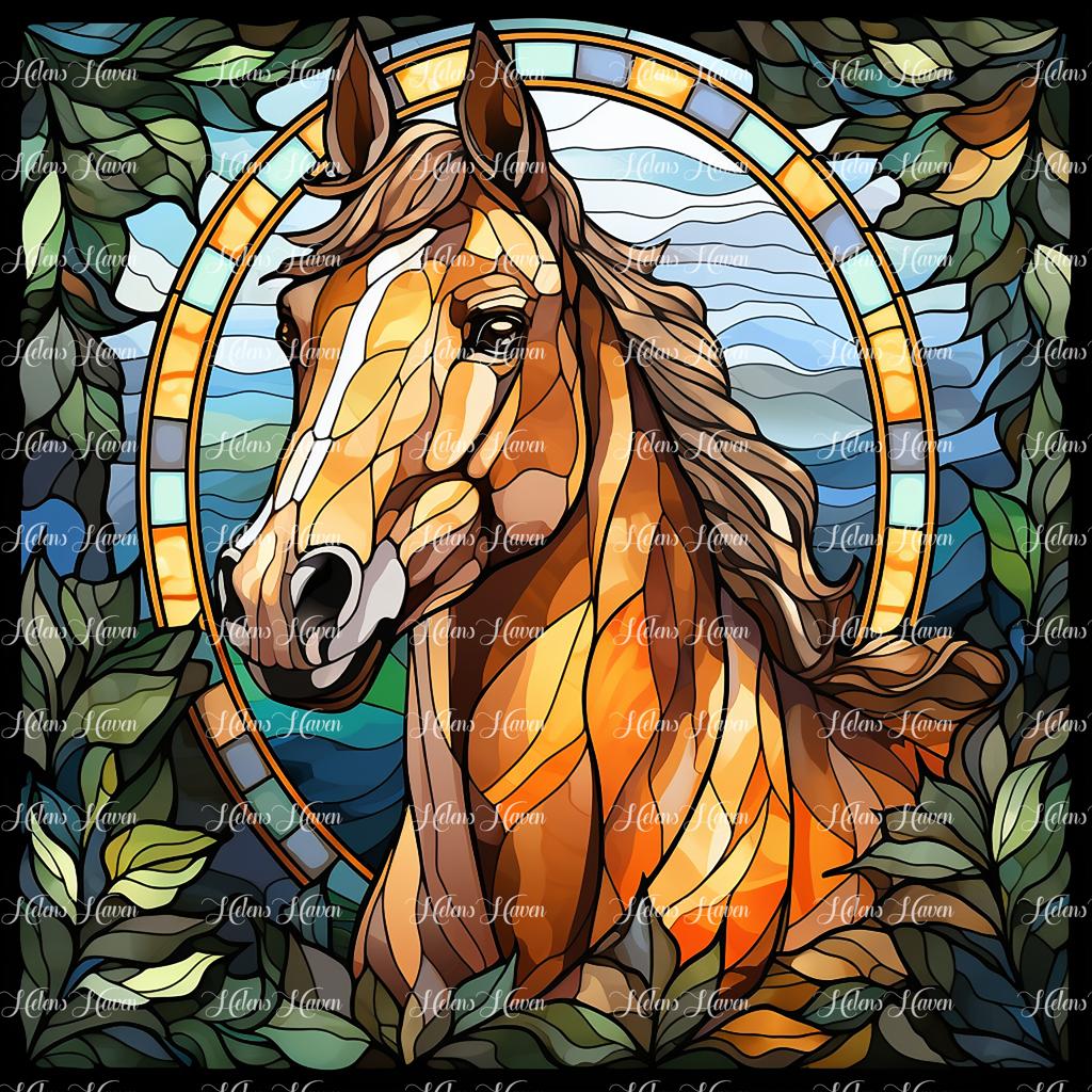 In a captivating stained glass composition, the noble profile of a horse's head 