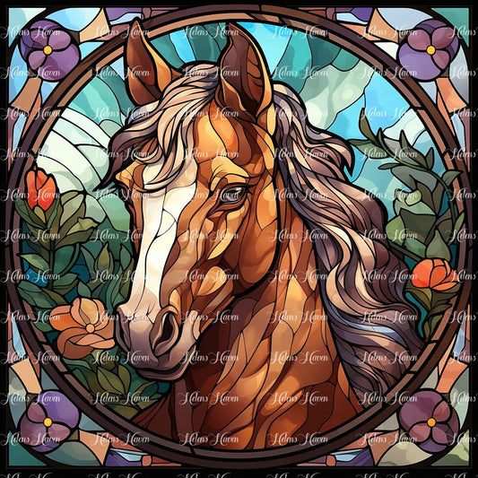 In a stunning stained glass portrayal, the gentle visage of a pony's head is depicted with intricate precision and vibrant hues