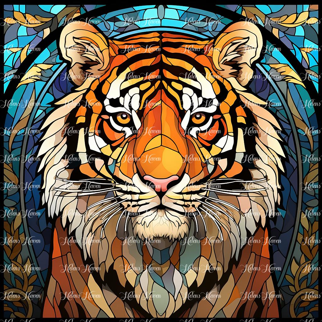 A stained glass tiger prowls with majestic beauty