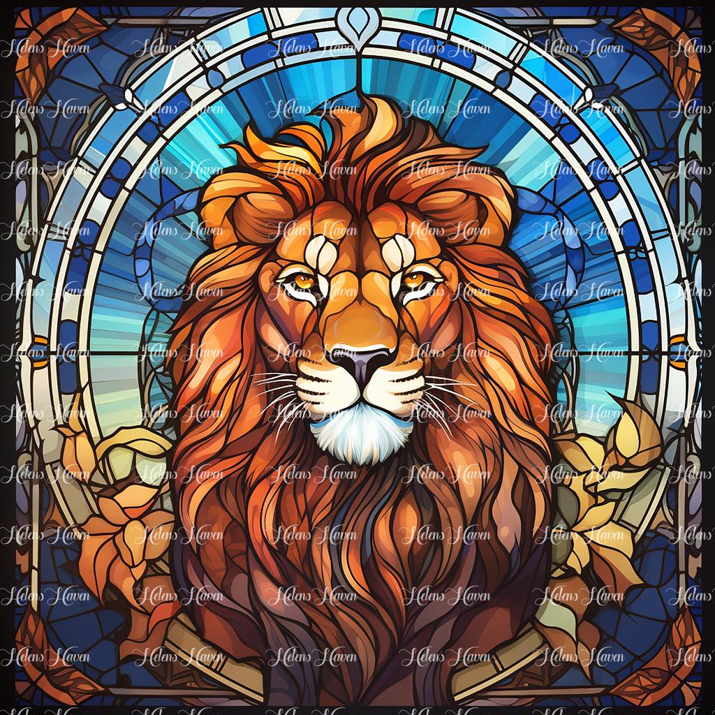 In a striking stained glass portrayal, the regal profile of a lion's head