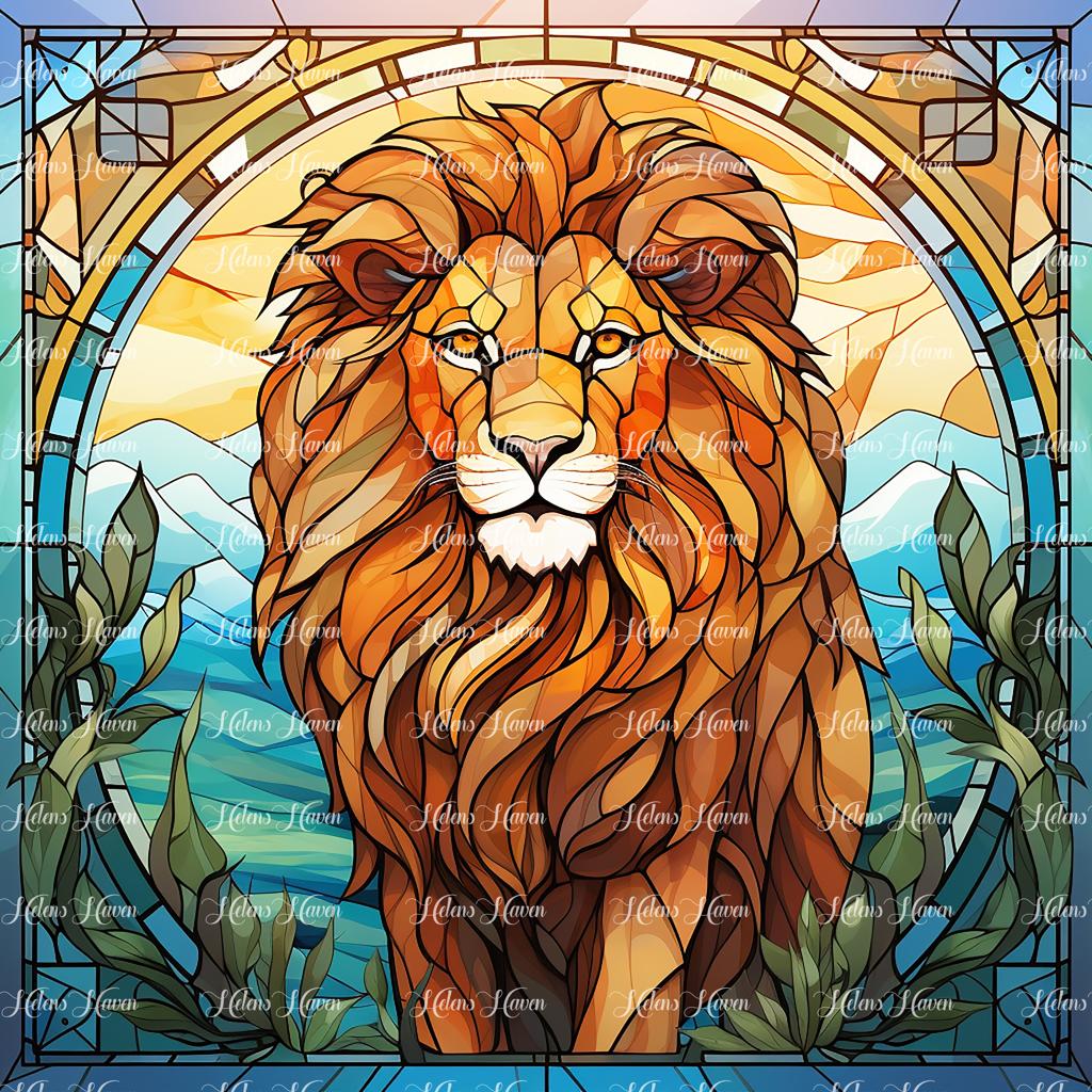 A captivating stained glass composition, the "King of the Jungle"