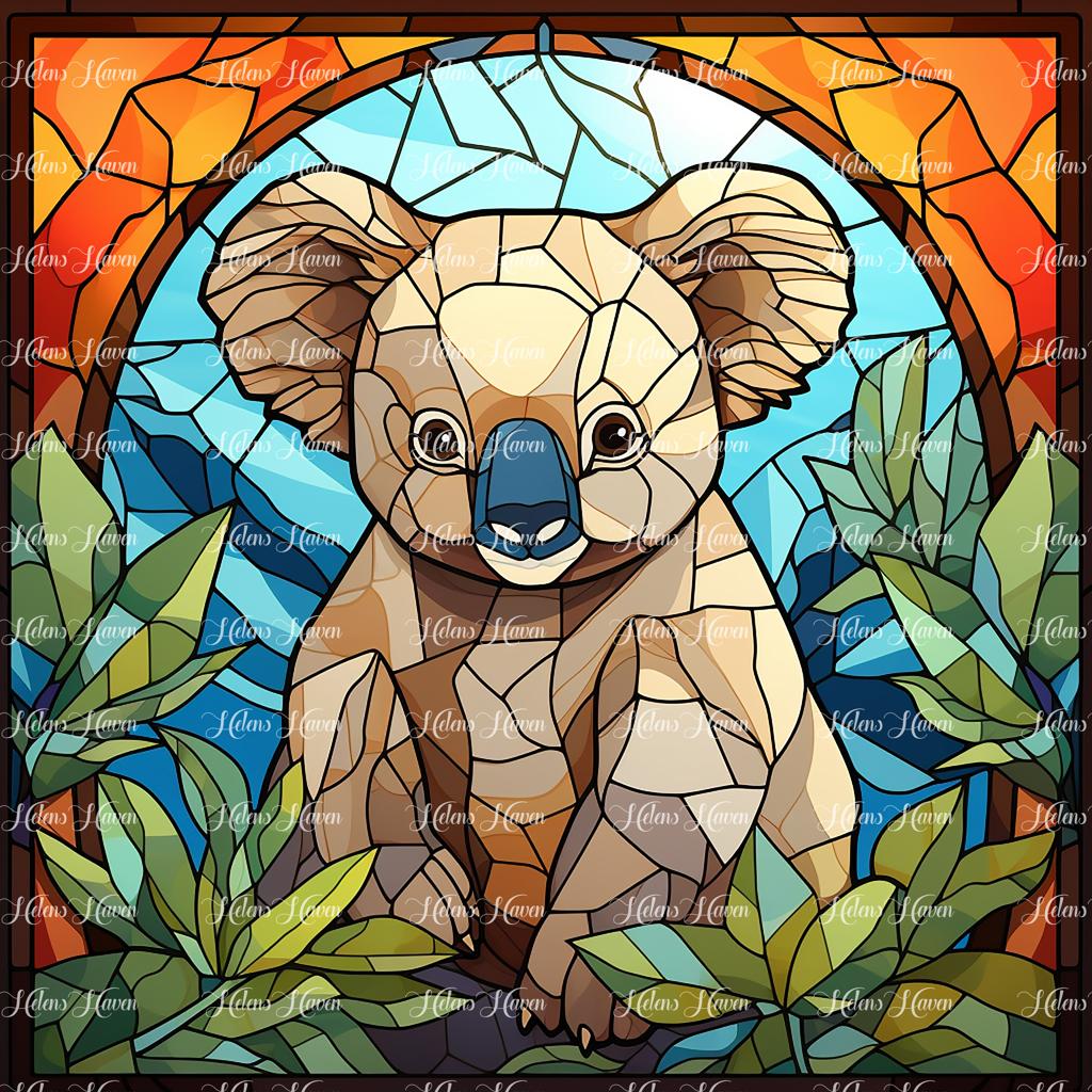 In a charming stained glass tableau, a koala perches peacefully amidst lush greenery,