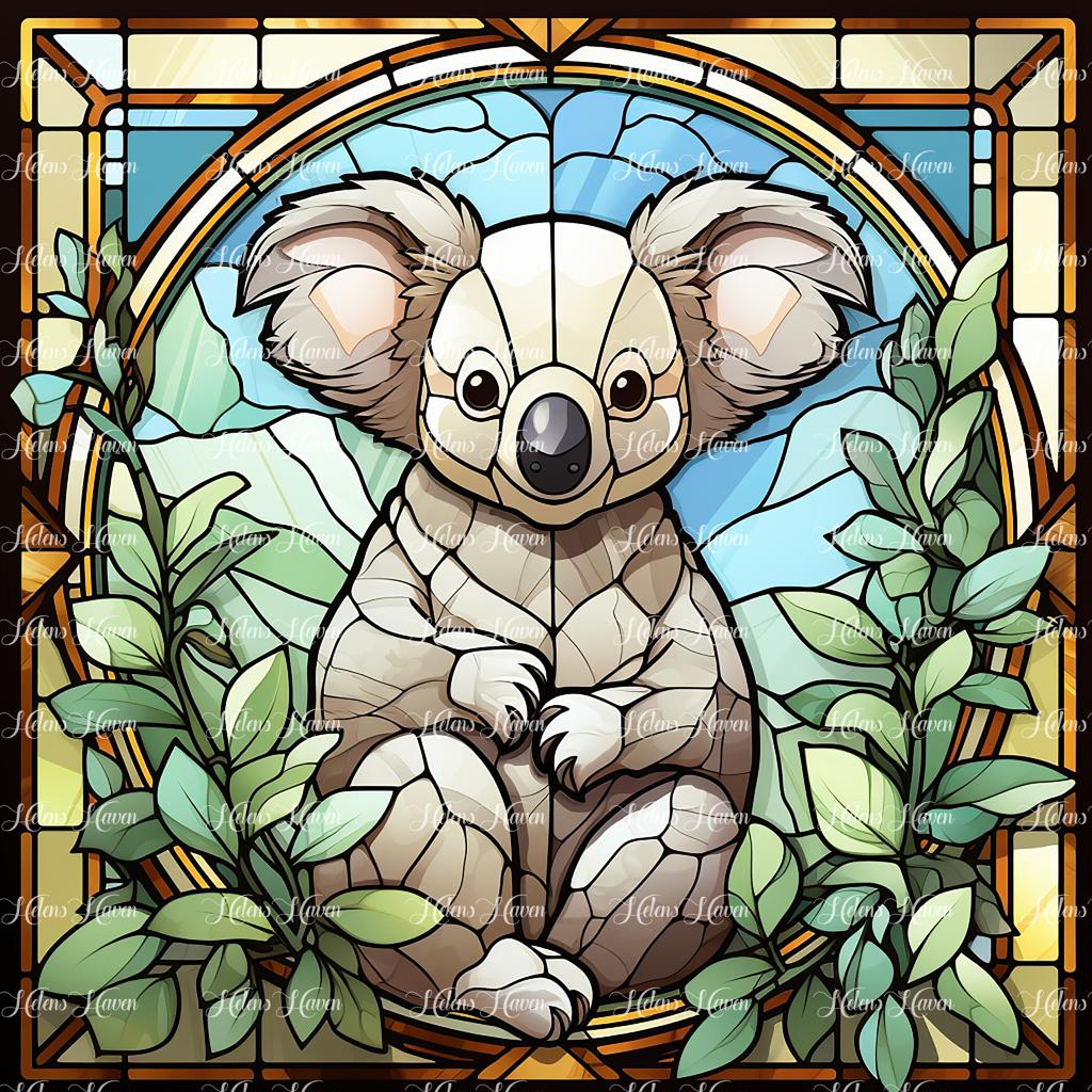 In a delightful stained glass scene, a cute koala clings to a eucalyptus branch