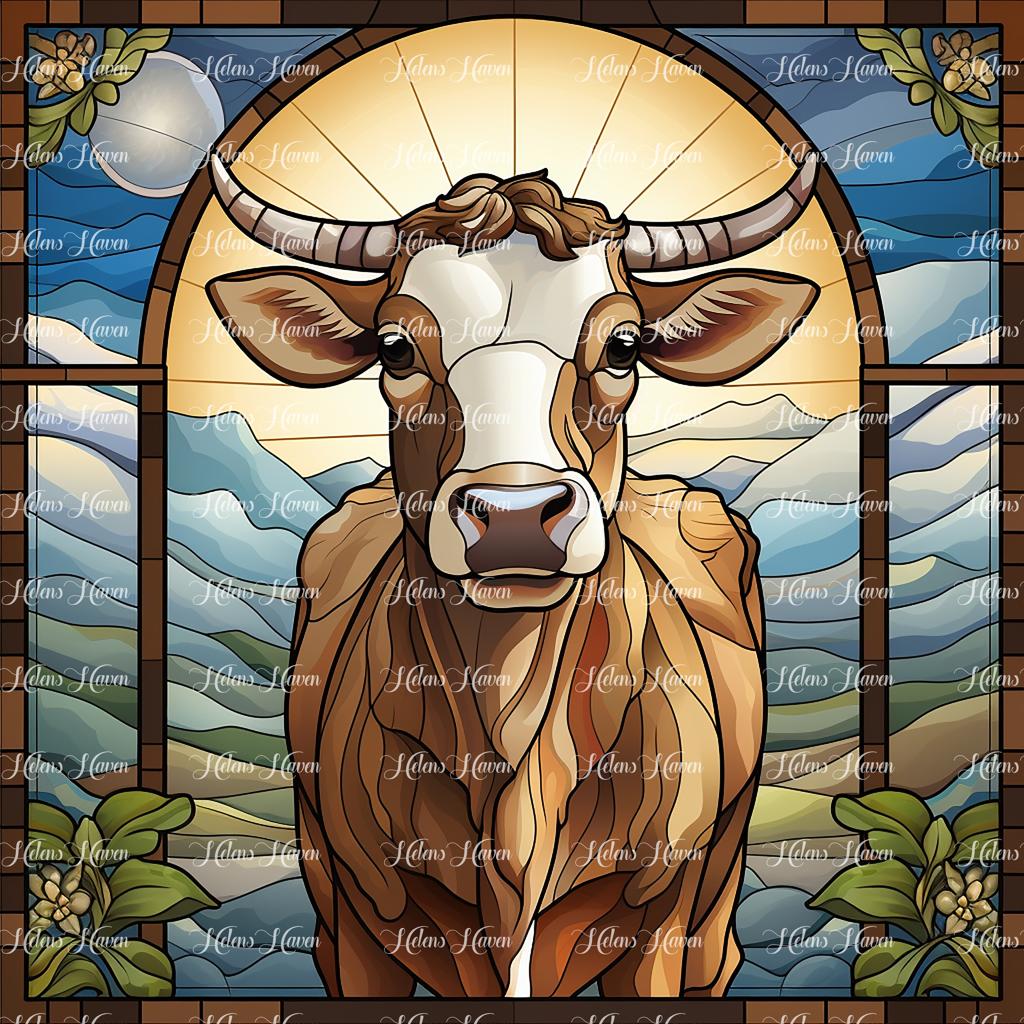 In a rustic stained glass portrayal, a brown cow