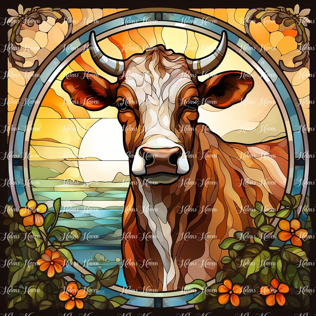 In a breathtaking stained glass scene, a brown cow stands silhouetted against the rising sun,