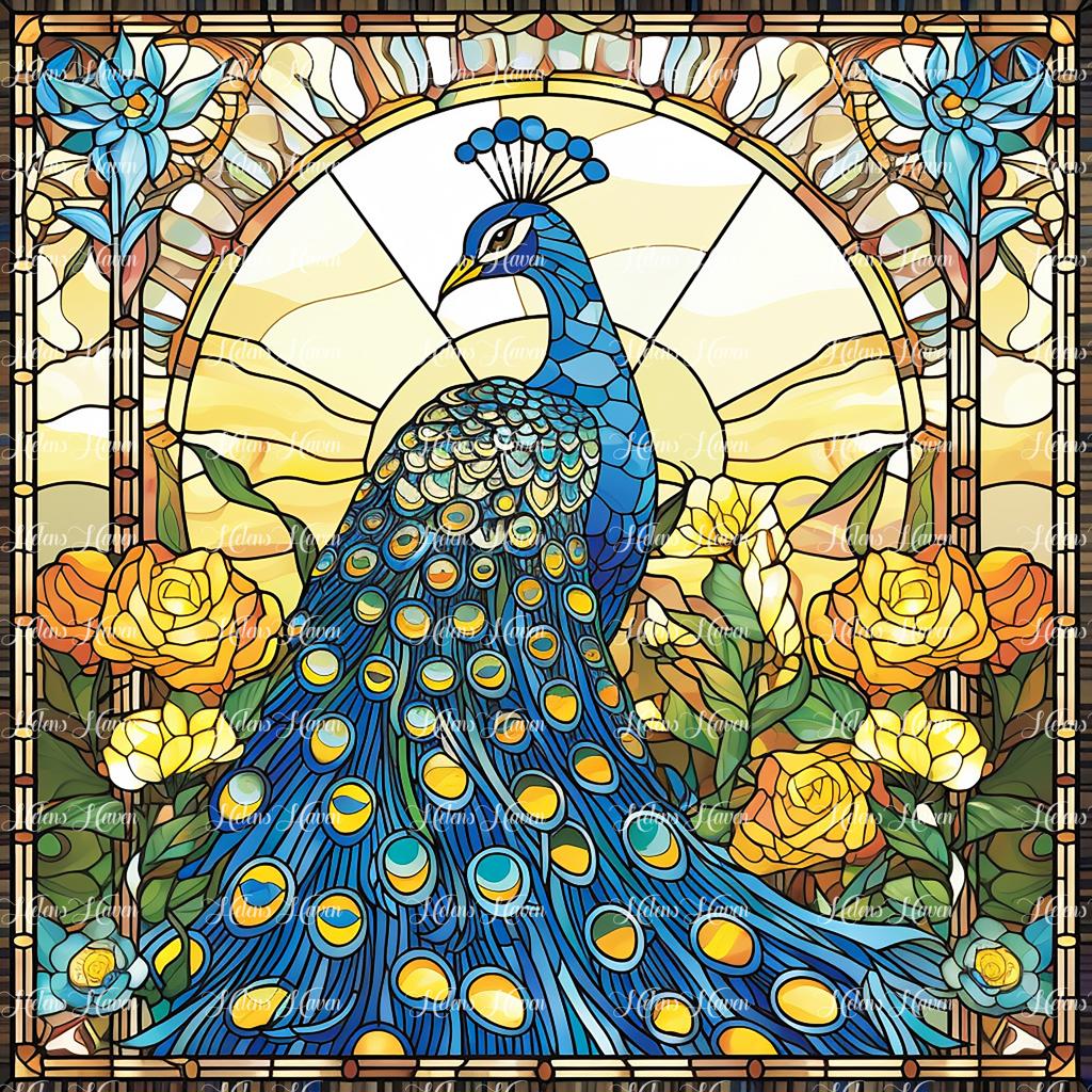 In a mesmerizing stained glass composition, a majestic peacock spreads its resplendent feathers