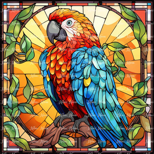 In a dazzling stained glass portrayal, a vibrant red parrot perches amidst lush tropical foliage