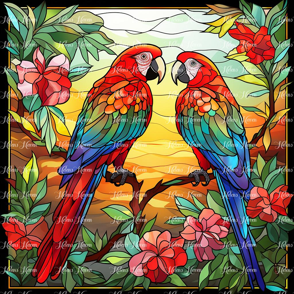 In a stunning stained glass composition, a pair of vibrant parrots perch gracefully 