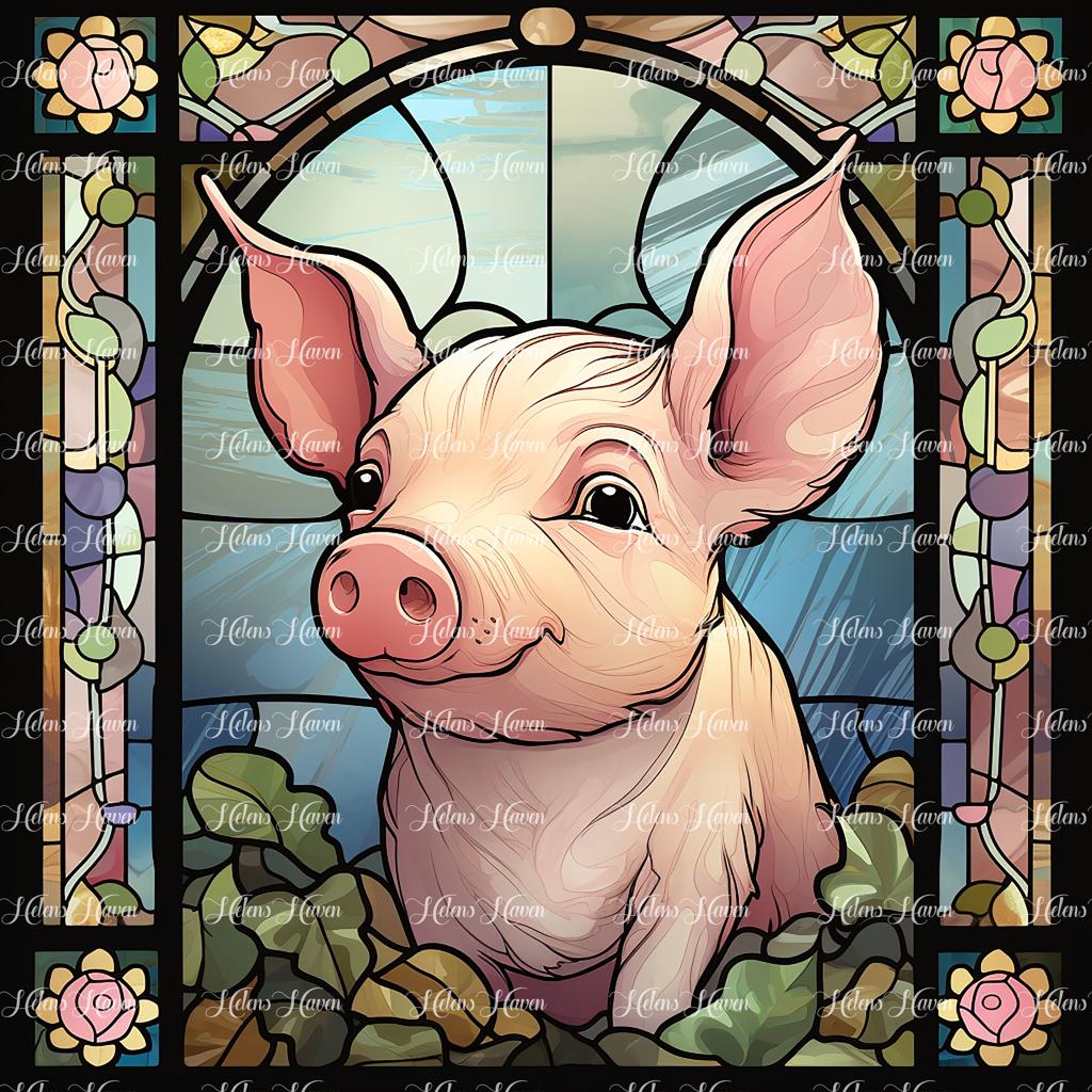 In an endearing stained glass portrayal, a charming piglet frolics joyfully amidst a picturesque farmyard scene