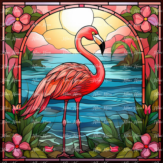 In an enchanting stained glass portrayal, a graceful flamingo stands elegantly