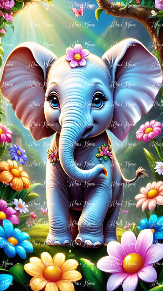 Baby elephant in colourful flowers