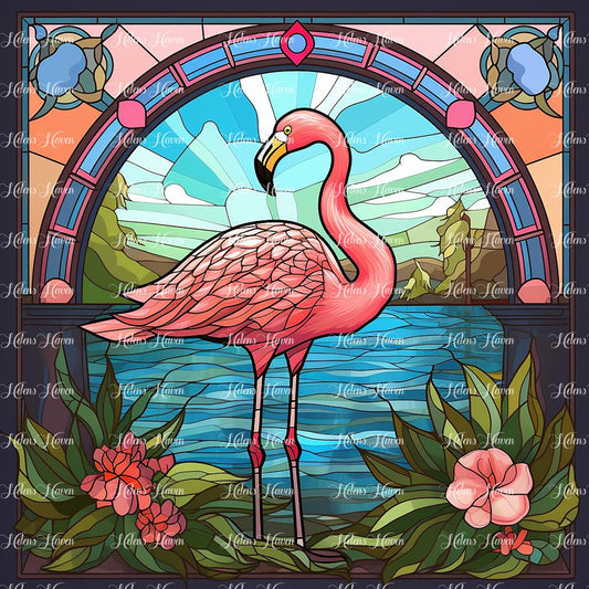 A magnificent flamingo stands tall and proud against a backdrop of lush tropical foliage