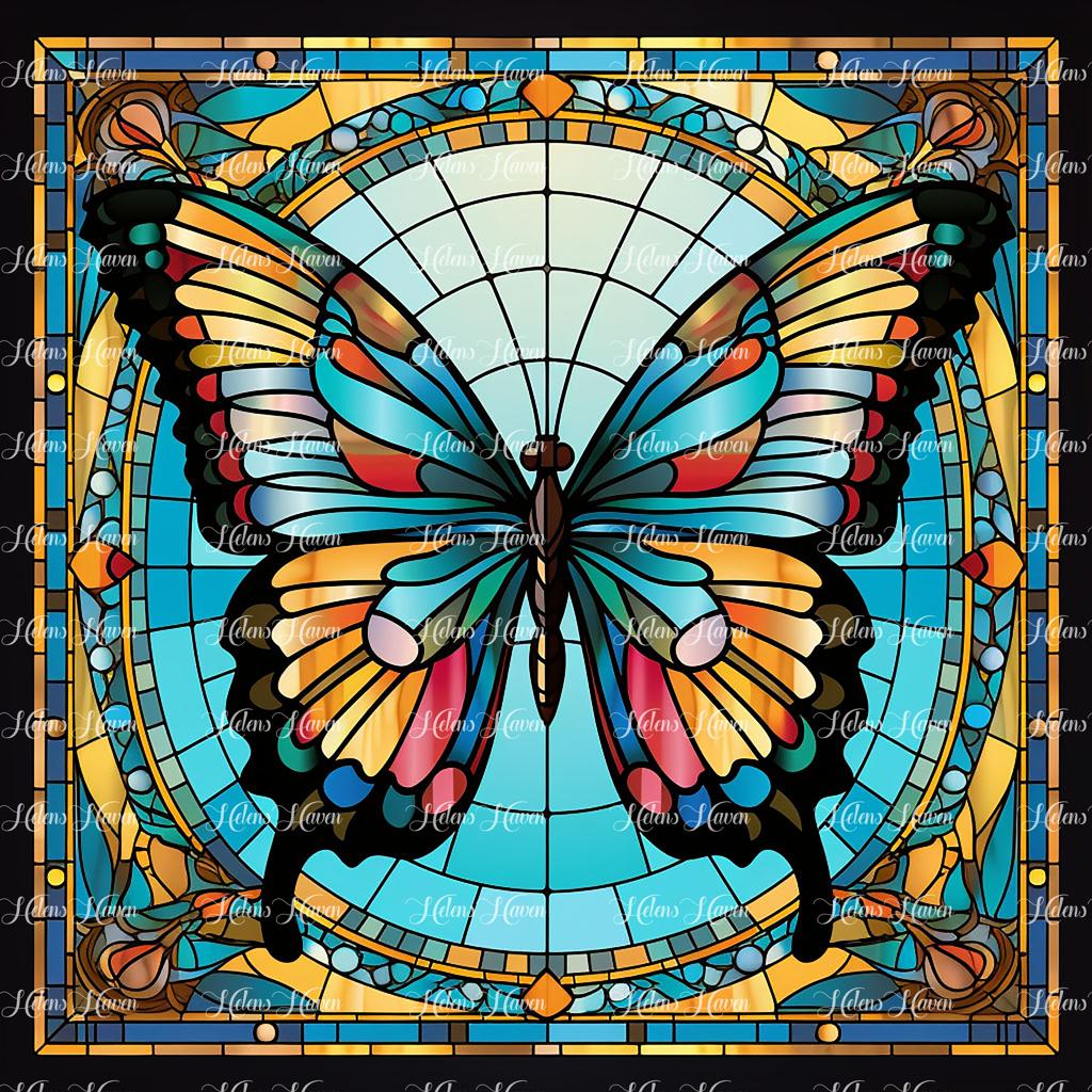 In a breathtaking stained glass tableau, a delicate butterfly flutters amidst a garden of vibrant blooms