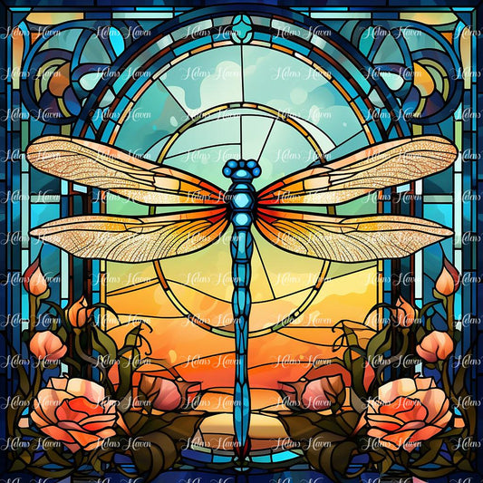 A graceful dragonfly hovers delicately above a tranquil pond, its iridescent wings depicted with an array of shimmering colors and intricate patterns.