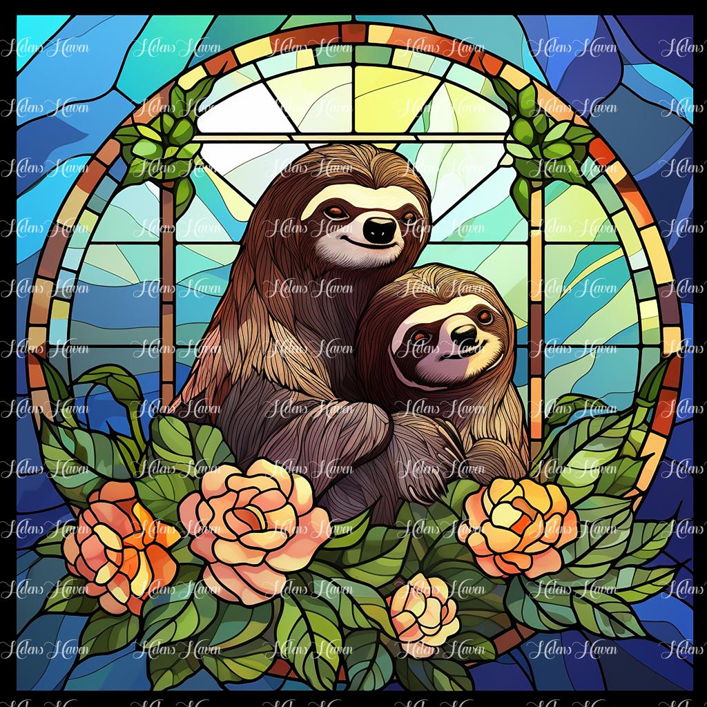 A contented sloth reclines amidst a lush canopy of tropical foliage, its relaxed form depicted with hues of soft greens and earthy browns