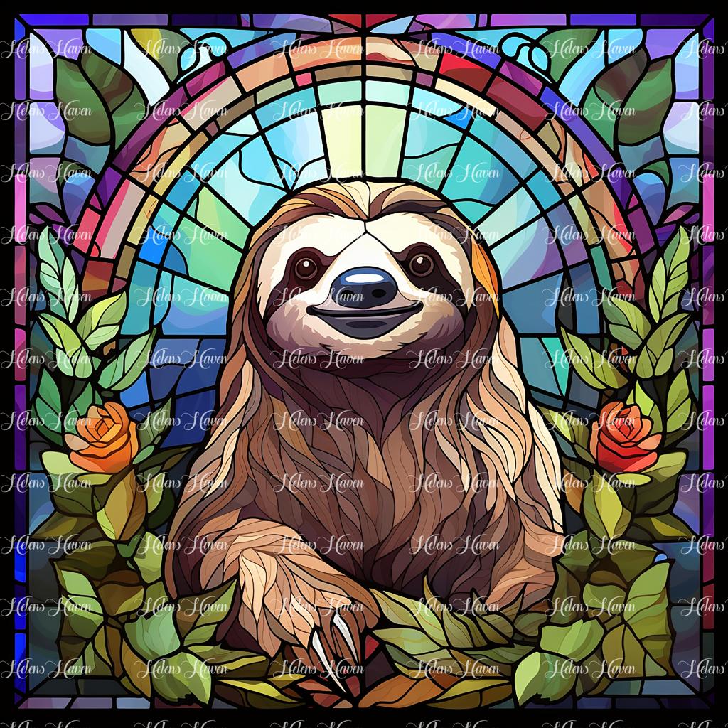 A smiling sloth lounges lazily amidst a canopy of tropical foliage, its relaxed form depicted with soft hues of green and brown