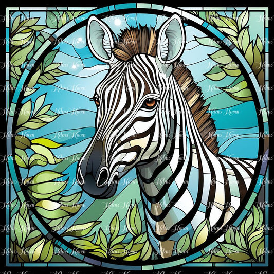 A sleek zebra strides majestically across the African savanna, its striking black and white stripes depicted with bold contrasts and vibrant hues