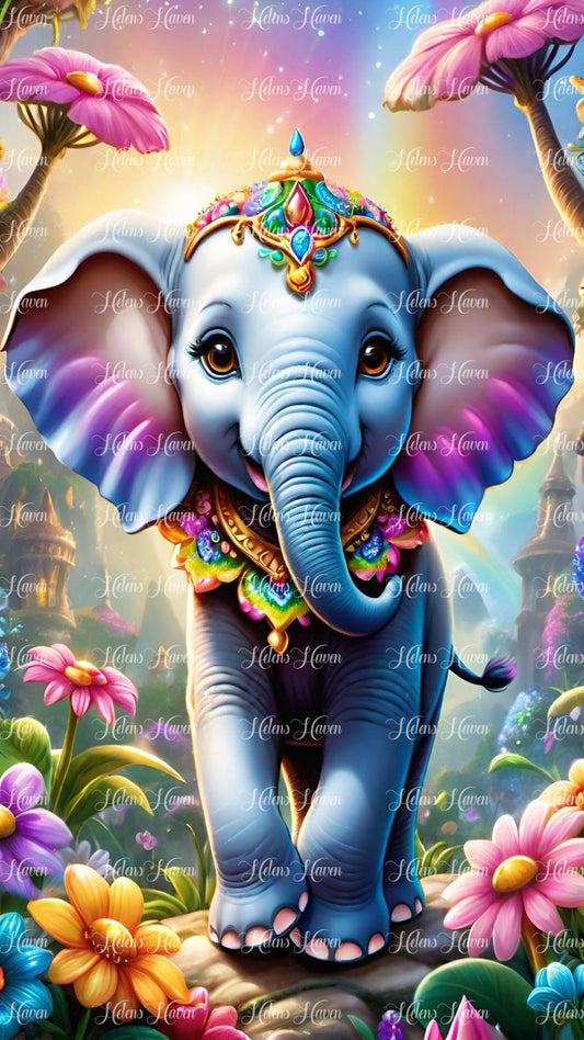 Cute baby elephant in bright flowers