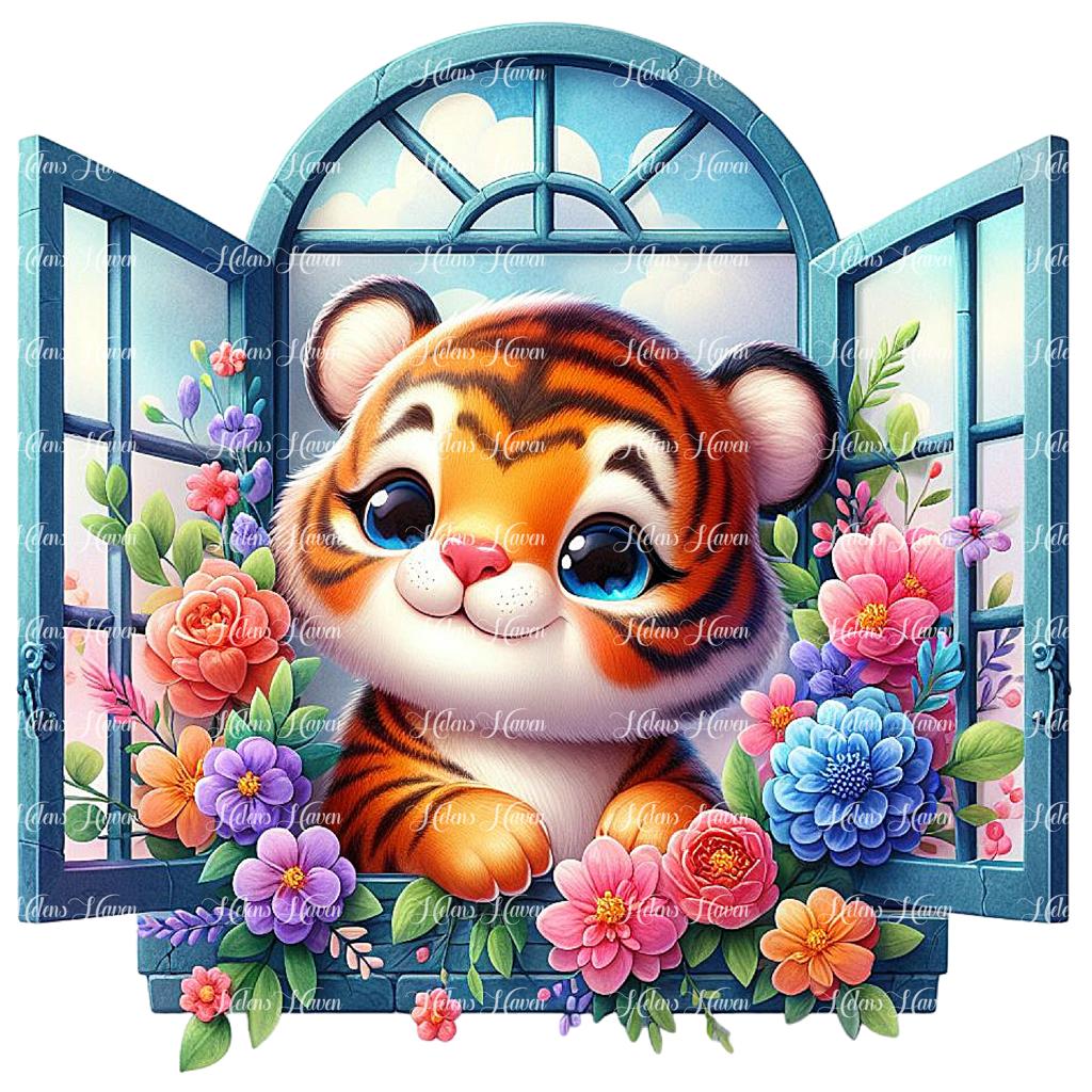 Balanced on the windowsill, a baby tiger gazes out with wide-eyed wonder