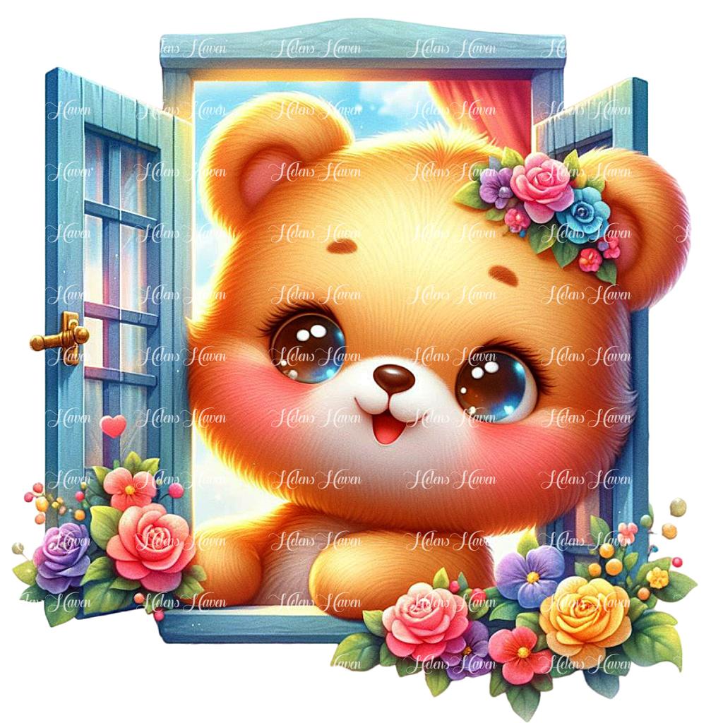 Perched on the windowsill, a plush teddy bear gazes out with button eyes,