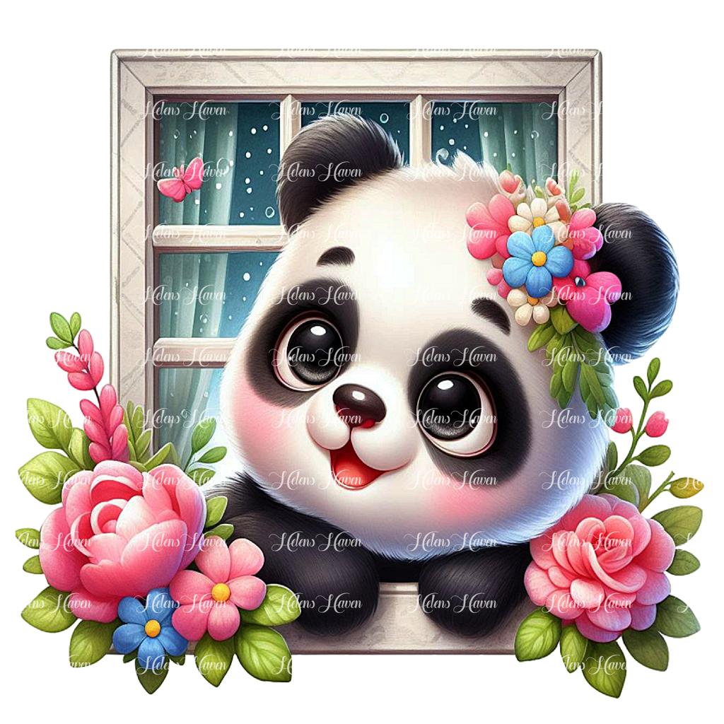 Perched on the windowsill, a baby panda leans out with round, black-rimmed eyes wide with curiosity, 