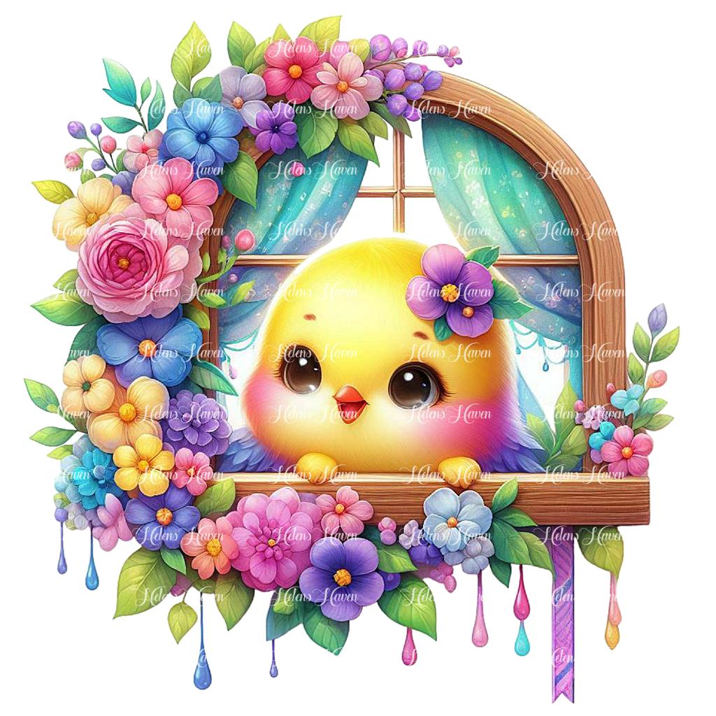 A baby chick gazes out with bright, inquisitive eyes, its fluffy feathers ruffled by the gentle breeze drifting through the open window