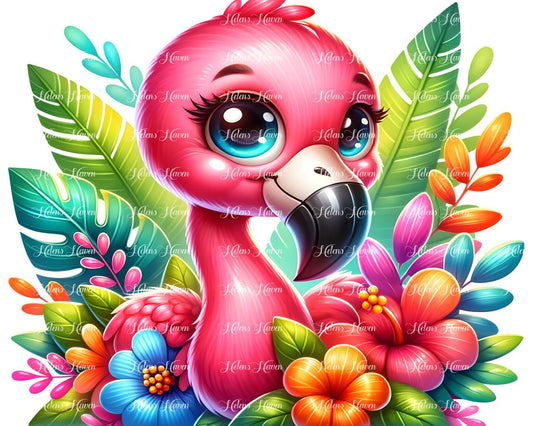 Surrounded by vibrant tropical flowers, a baby flamingo stands tall on its slender legs, its pink feathers contrasting beautifully against the lush greenery.