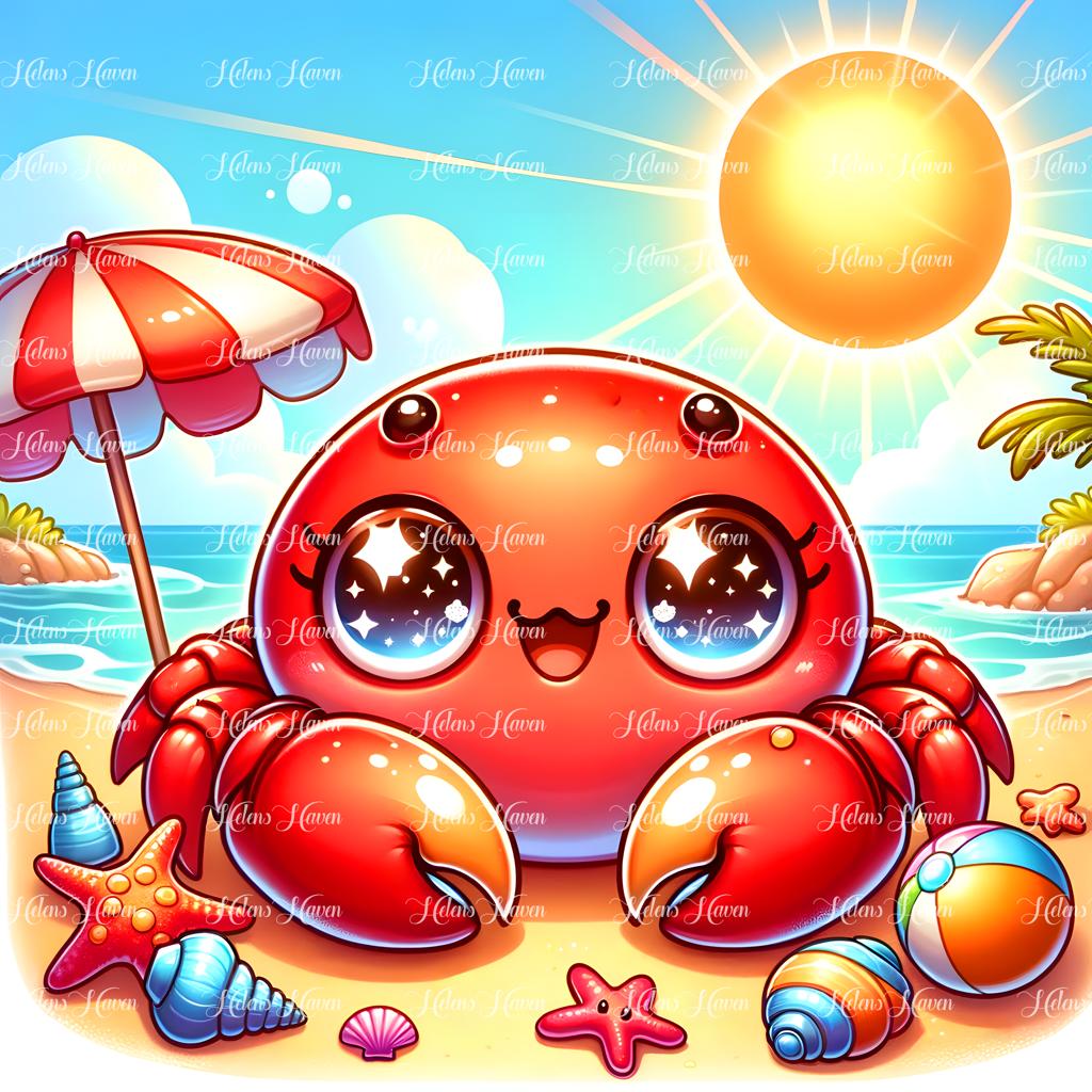 Basking in the warm sunlight, a cute beach crab scuttles along the golden sand