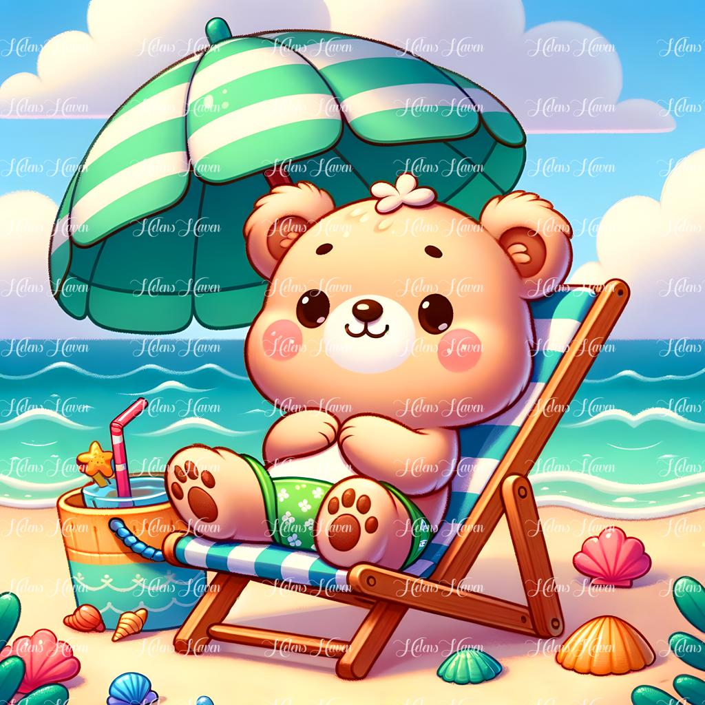 Lounging in a cozy chair at the beach, a teddy bear relaxes, its plush fur soaking in the warmth of the sun's rays. 