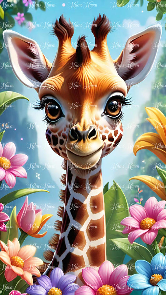 Cute baby giraffe in flowers