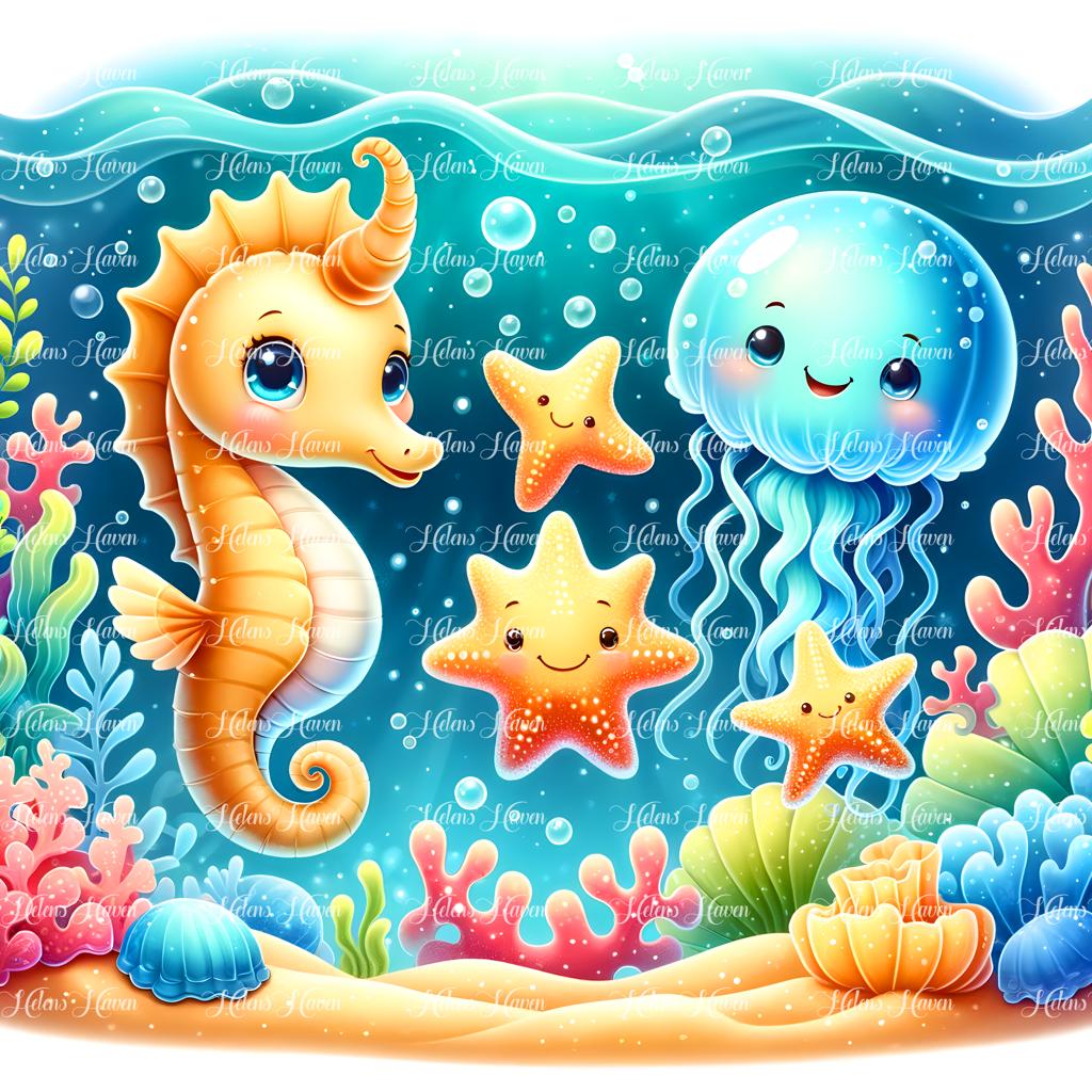 In the depths of the ocean, a myriad of cute sea creatures frolic and play