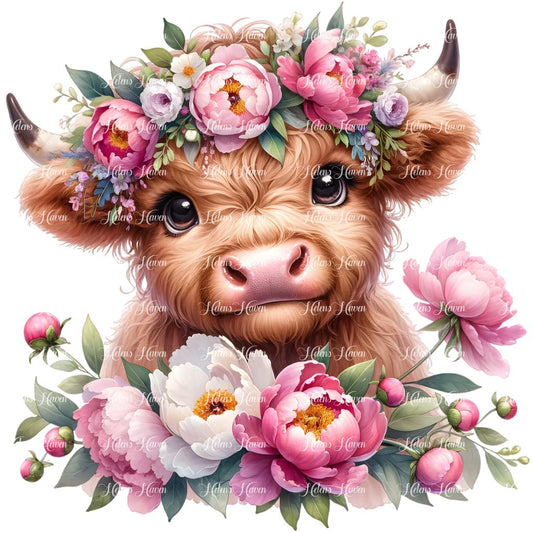 Nestled among a sea of blooming pink peonies, a baby Highland cow rests with an endearing innocence