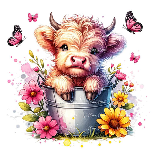 Perched adorably in a rustic bucket, a cute baby Highland cow peeks out with wide, curious eyes