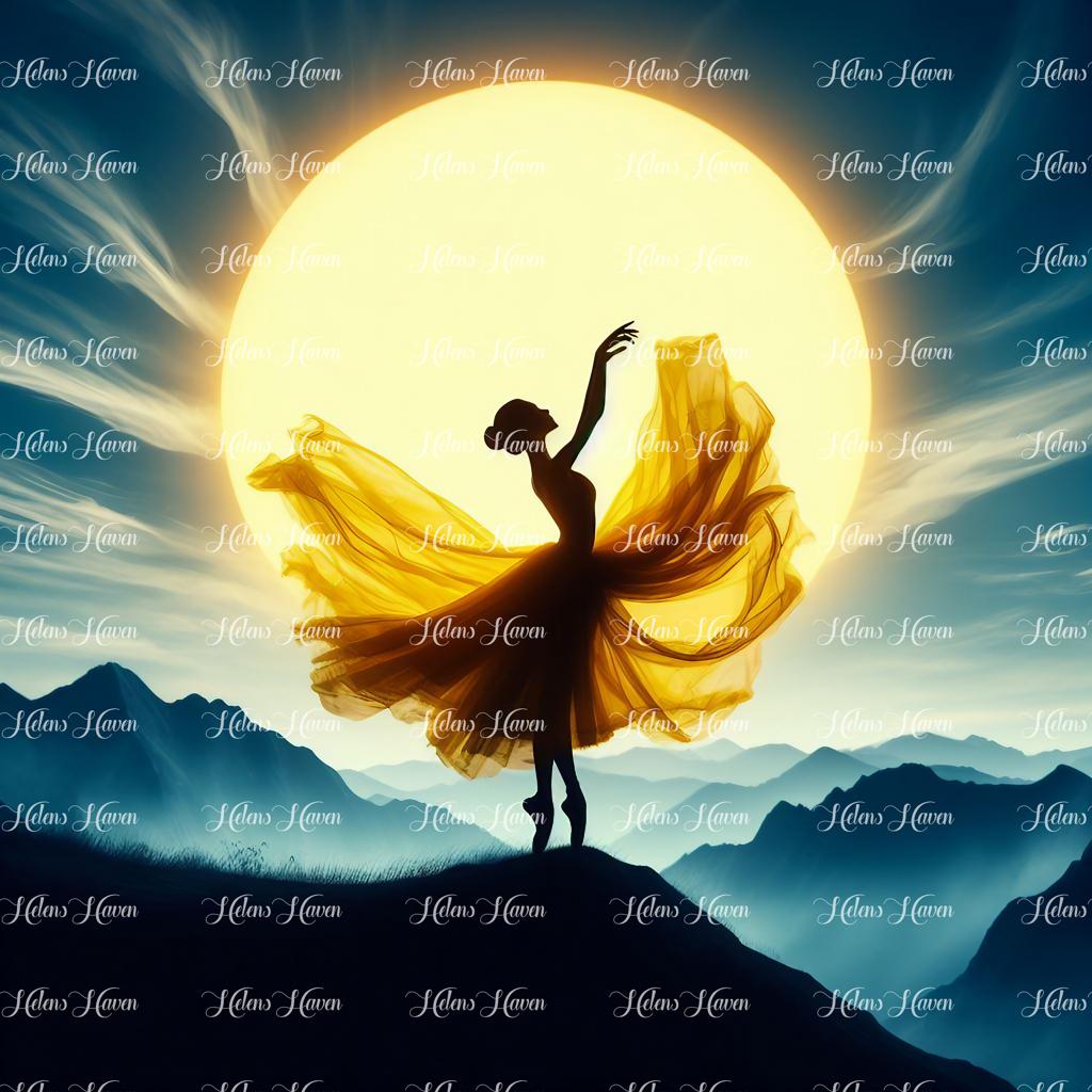 Under the enchanting glow of the full moon, a graceful ballerina pirouettes with ethereal elegance, her flowing movements echoing the celestial rhythms above