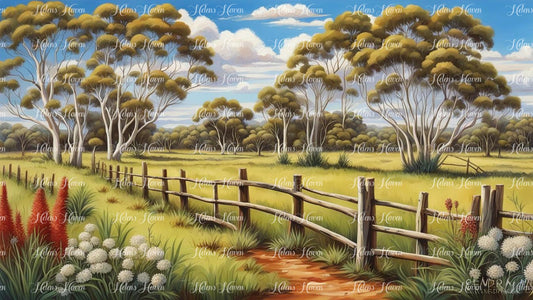 Landscape widescreen Australian outback green meadow and flowers