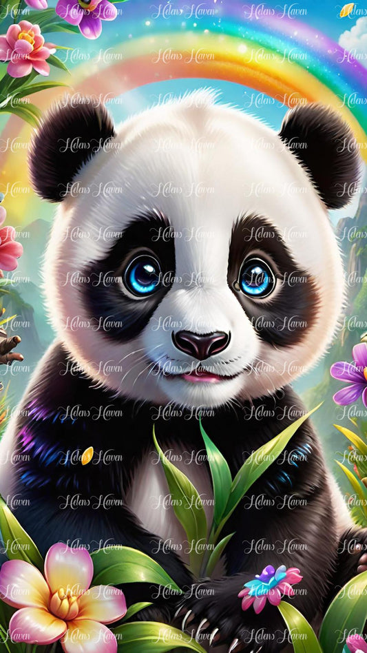 Cute baby panda in flowers and rainbow