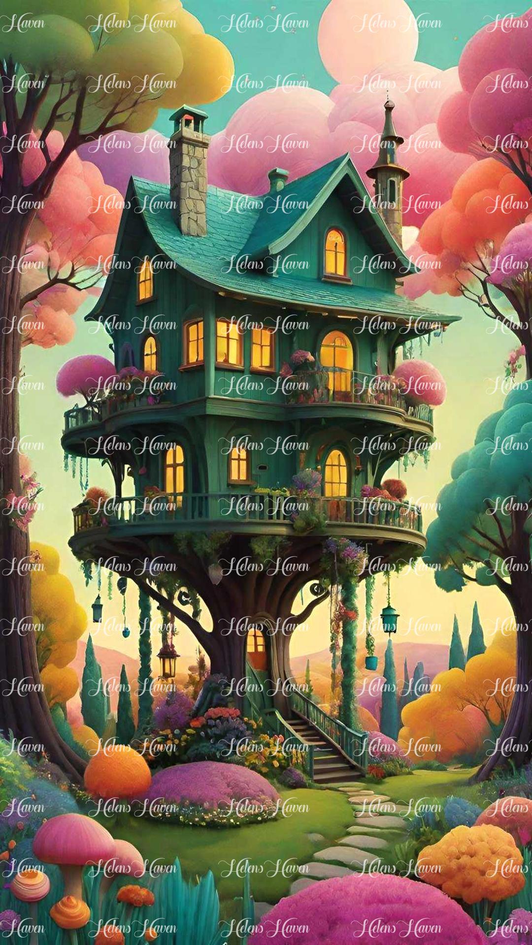 Nestled deep in the enchanted woods, a fairy treehouse perches high among the branches,