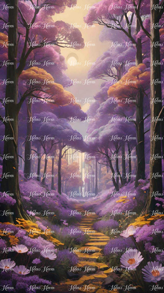 A mystical forest emerges in shades of purples, where tall trees stretch skyward