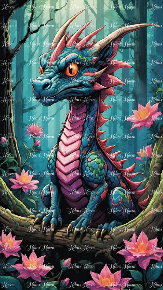 On a moss-covered branch in the heart of the forest, an adolescent blue horned dragon surveys its surroundings 